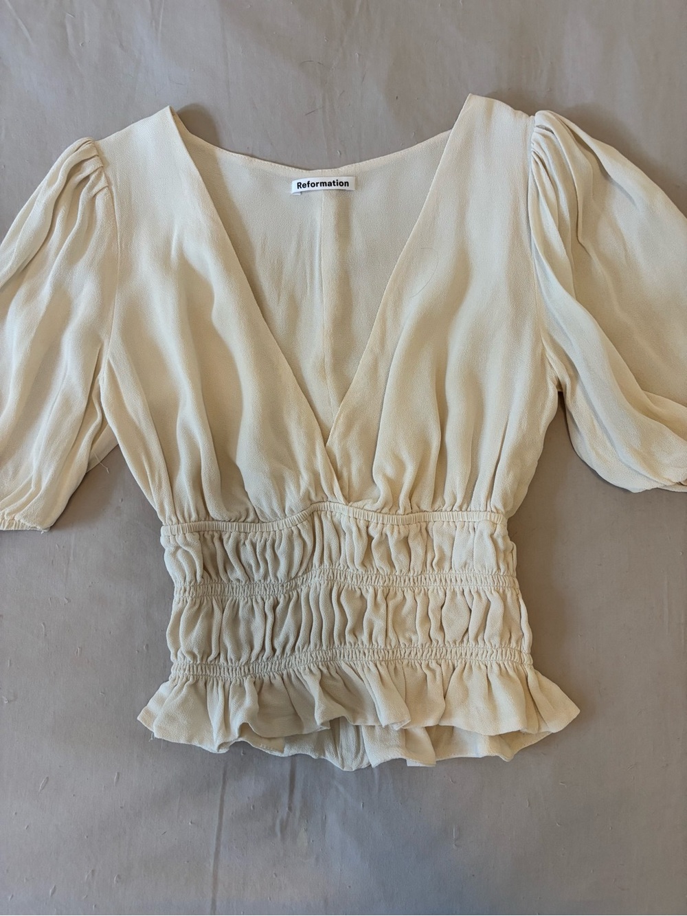 Reformation Cream Smocked V-Neck Puff Sleeve Blouse